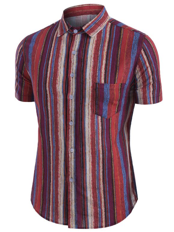 Chemise Boutonnée Colorée à Rayure Verticale avec Poche en Lin - Rouge XL