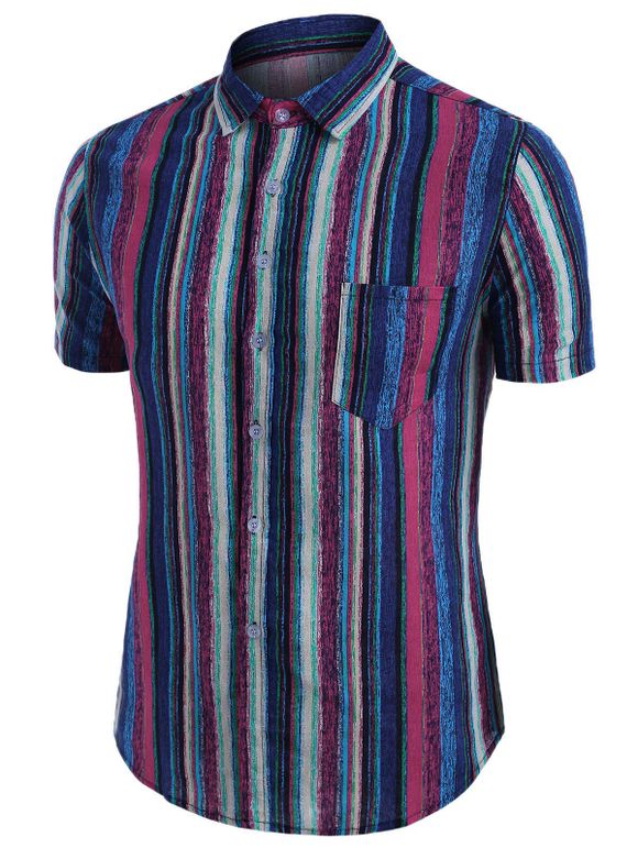 Chemise Boutonnée Colorée à Rayure Verticale avec Poche en Lin - Bleu 2XL
