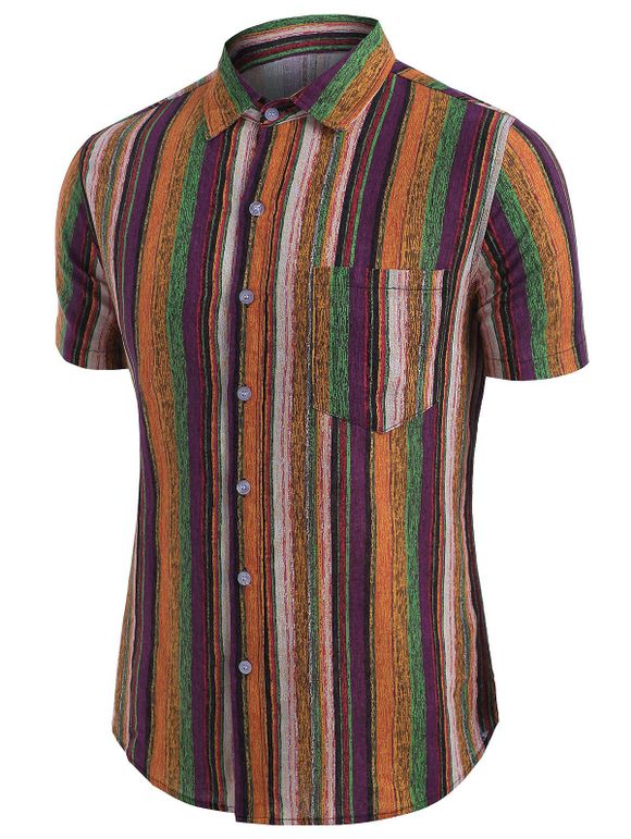 Chemise Boutonnée Colorée à Rayure Verticale avec Poche en Lin - Jaune S