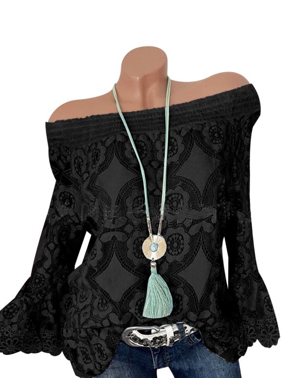 Haut en Dentelle Transparente à Epaule Dénudée de Grande Taille - Noir 4XL