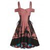 Tree Animal Print Side Lace Up Knitted A Line Dress - CHERRY RED M