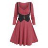 Corset Style Colorblock Dress Casual Two Tone Bicolor Long Sleeve A Line 2 In 1 Dress - RED WINE M