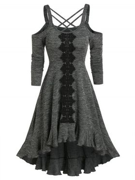 Vintage Heathered High Low Dress Cutout Lattice Crisscross Cold Shoulder Flounce Dip Hem Dress