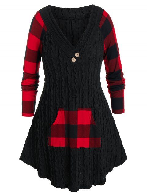 Plus Size Plaid Cable Knit Pocket Tunic Sweater