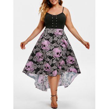 

Grommet Floral Skull High Low Halloween Plus Size Dress, Purple