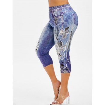 

Plus Size 3D Denim Print Capri Jeggings, Blue