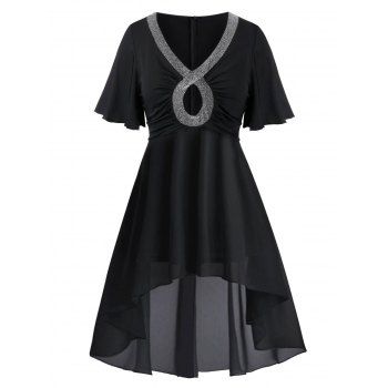 

Plus Size Keyhole Glitter Trim High Low Dress, Black