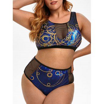 

Plus Size Fishnet Insert Galaxy Print Tankini Swimwear, Black