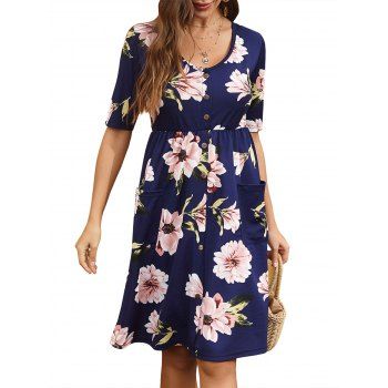 

Mock Buttons Floral Printed A Line Dress, Blue