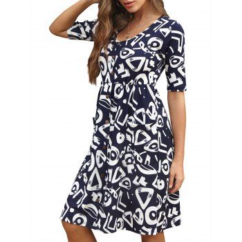 

Mock Buttons Floral Printed A Line Dress, Deep blue