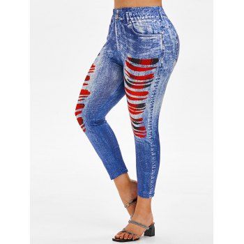 

Plus Size 3D Ripped Plaid Print Jeggings, Blue