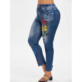 

Plus Size Colorful Butterfly 3D Pattern High Rise Jeggings, Blue