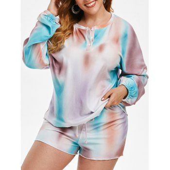 

Plus Size Fleece Tie Dye Raw Hem Loungewear, Multicolor