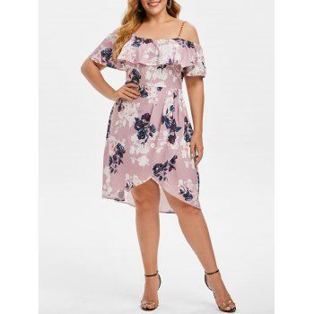 

Plus Size Flower Print Cold Shoulder Flounce Tulip Dress, Light purple