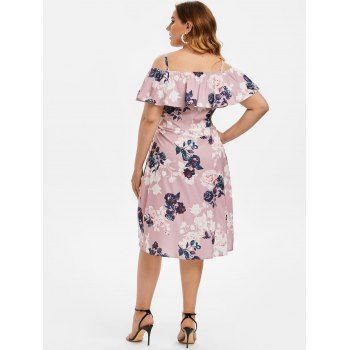 Plus Size Flower Print Cold Shoulder Flounce Tulip Dress