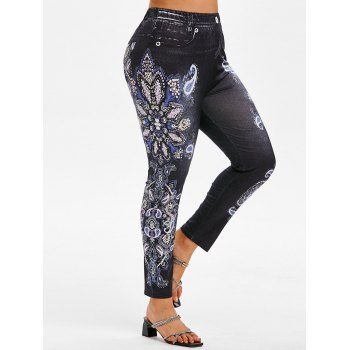 

Plus Size Paisley Flower 3D Pattern High Rise Jeggings, Black
