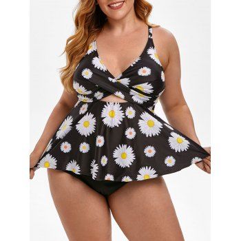 

Daisy Twist Lace Up Cut Out Plus Size Tankini Swimwear, Black