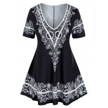 

Plus Size Plunge Printed Swing T Shirt, Black