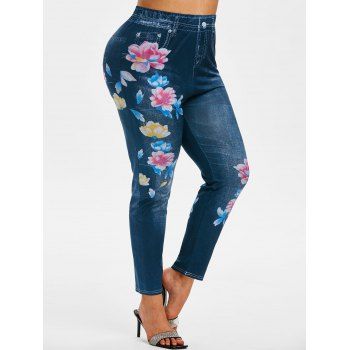 

Plus Size High Waisted Flower 3D Print Skinny Leggings, Deep blue
