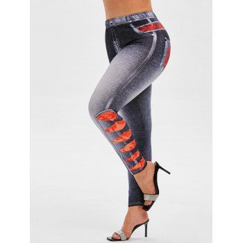 

Plus Size High Rise 3D Lace Ripped Jean Print Jeggings, Black