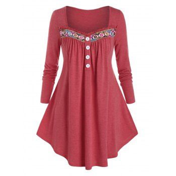 

Plus Size Frilled Embroidered Long Sleeve Round Hem Tee, Valentine red