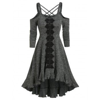 

Vintage Heathered High Low Dress Cutout Lattice Crisscross Cold Shoulder Flounce Dip Hem Dress, Dark slate grey