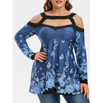 

Plus Size Cutout Cold Shoulder Floral Branch T Shirt, Denim dark blue