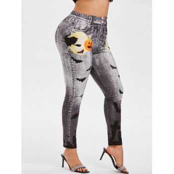 

Plus Size Pumpkin Bat Print Halloween Jeggings, Dark gray