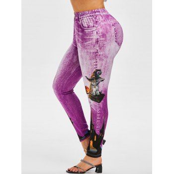 

Plus Size Halloween Pumpkin Cat Print Jeggings, Light purple