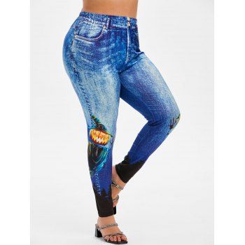 

Plus Size Halloween Pumpkin Ghost 3D Denim Jeggings, Blue