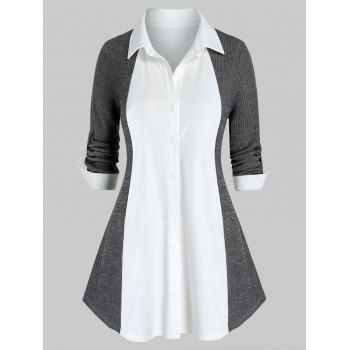 

Plus Size Two Tone Knit Roll Up Sleeve Tunic Blouse, Carbon gray