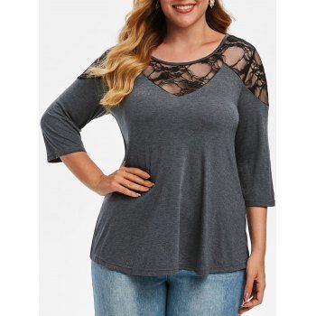 

Sheer Lace Insert Plus Size Tunic T-shirt, Battleship gray