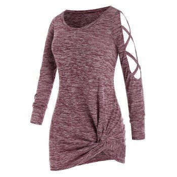 

Plus Size Criss Cross Sleeve Marled Twist T-shirt, Red wine