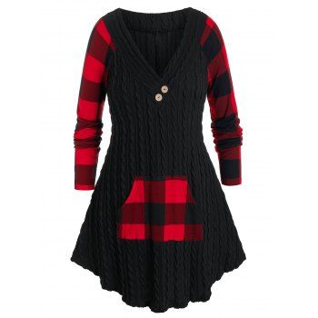 

Plus Size Plaid Cable Knit Pocket Tunic Sweater, Black