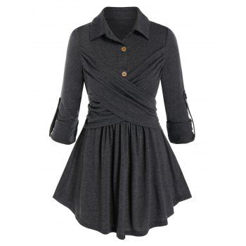 

Plus Size Roll Up Sleeve Crossover Blouse, Gray cloud