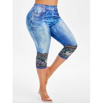 

Plus Size 3D Lace Denim Print Cropped Jeggings, Blue