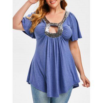 

Plus Size Sequined Hollow Out Short Sleeve Tunic Tee, Slate blue