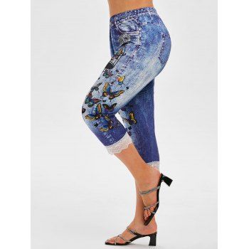 

Lace Trim 3D Print Floral Butterfly Plus Size Capri Jeggings, Blue