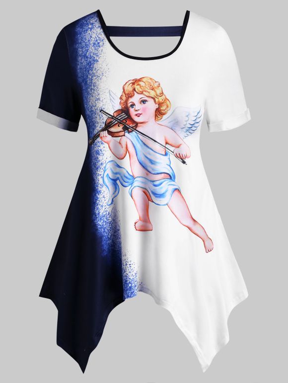 T-shirt Ombré Ange Imprimée Renaissance de Grande Taille - Blanc 5X
