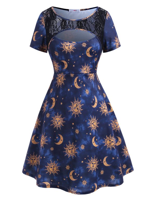 Robe Découpée Soleil et Lune Imprimés de Grande Taille - Bleu profond 5X