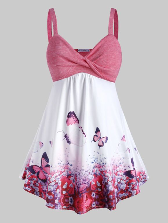 Débardeur Tordu en Avant Papillon Imprimé de Grande Taille - Rose clair 3X