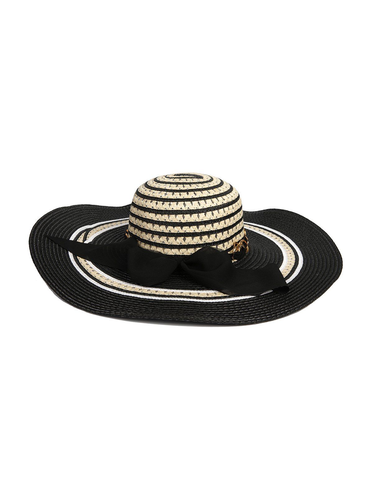 Striped Chain Ribbon Bowknot Straw Hat - BLACK 