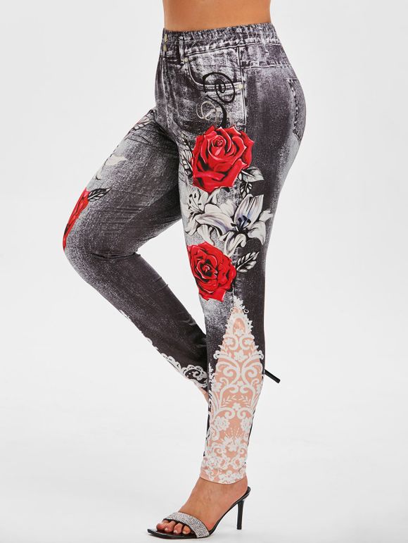 Legging à Imprimé 3D Rose à Taille Haute de Grande Taille - Noir 5X