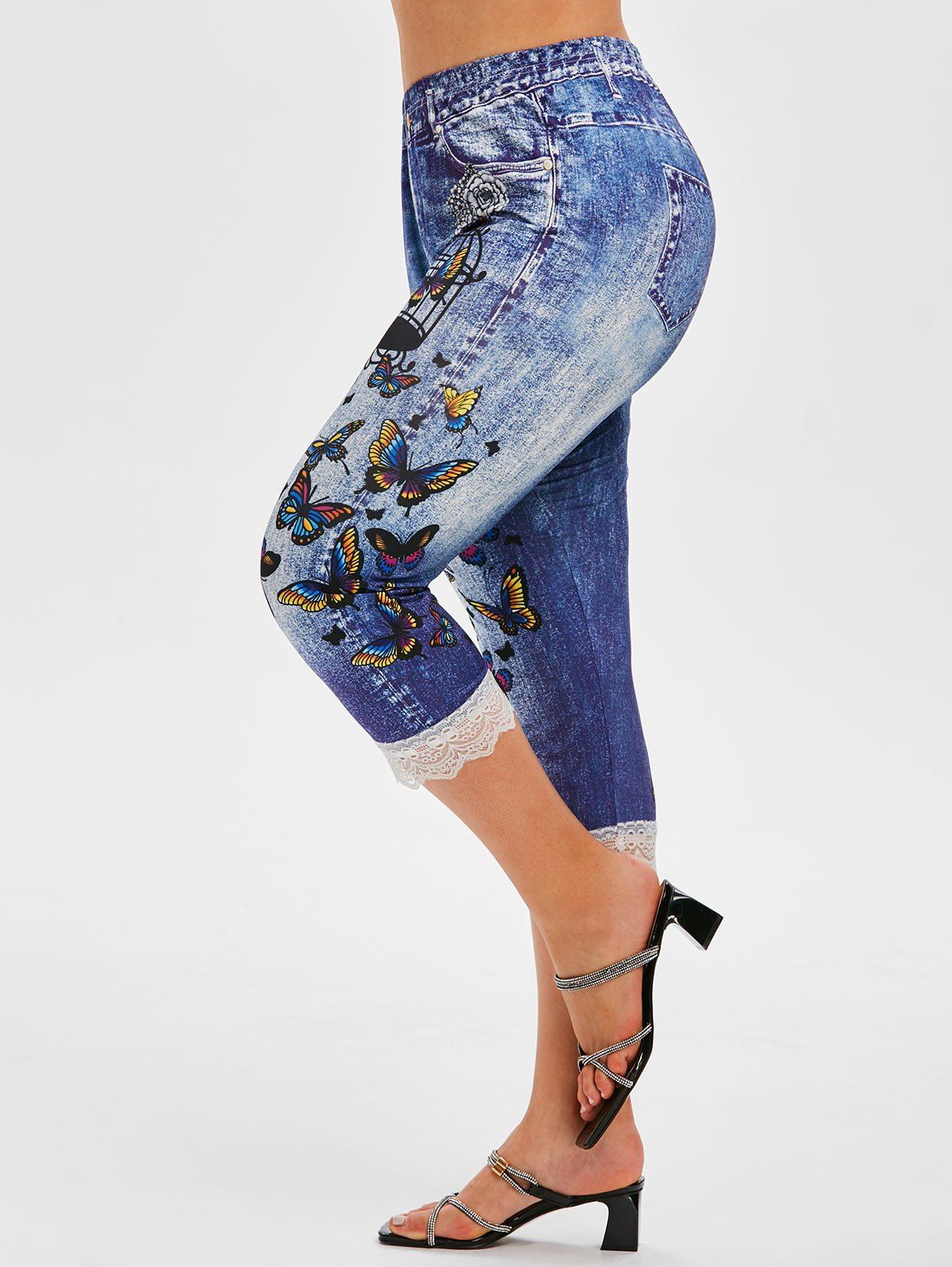 Legging Capri à Imprimé 3D Papillon Fleuri à Ourlet en Dentelle de Grande Taille - Bleu 5X