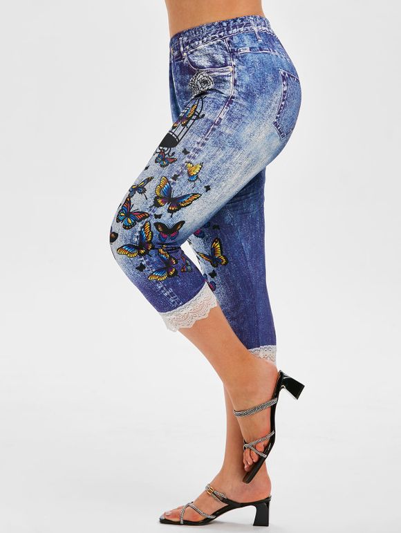 Legging Capri à Imprimé 3D Papillon Fleuri à Ourlet en Dentelle de Grande Taille - Bleu 1X