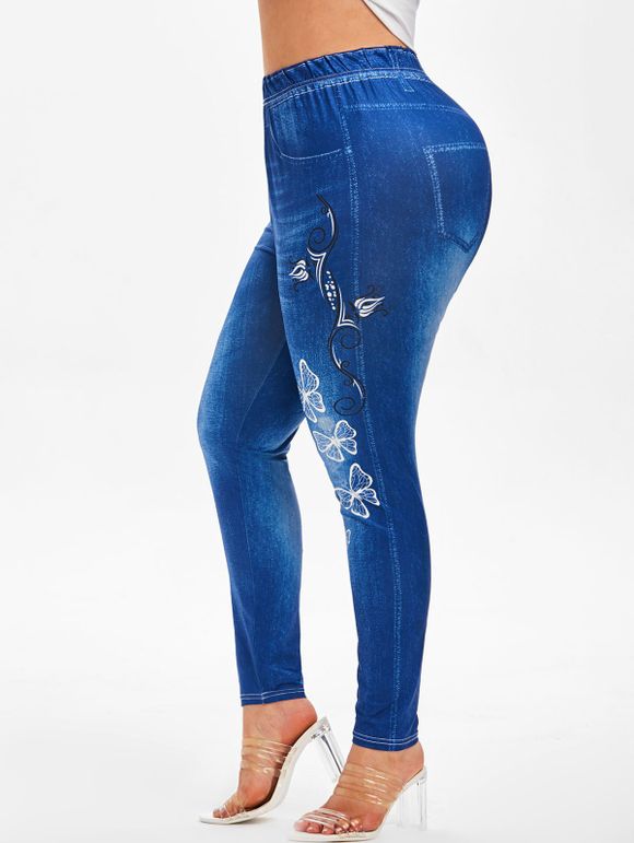 Legging Capri 3D Papillon Imprimé de Grande Taille en Jean - Bleu L