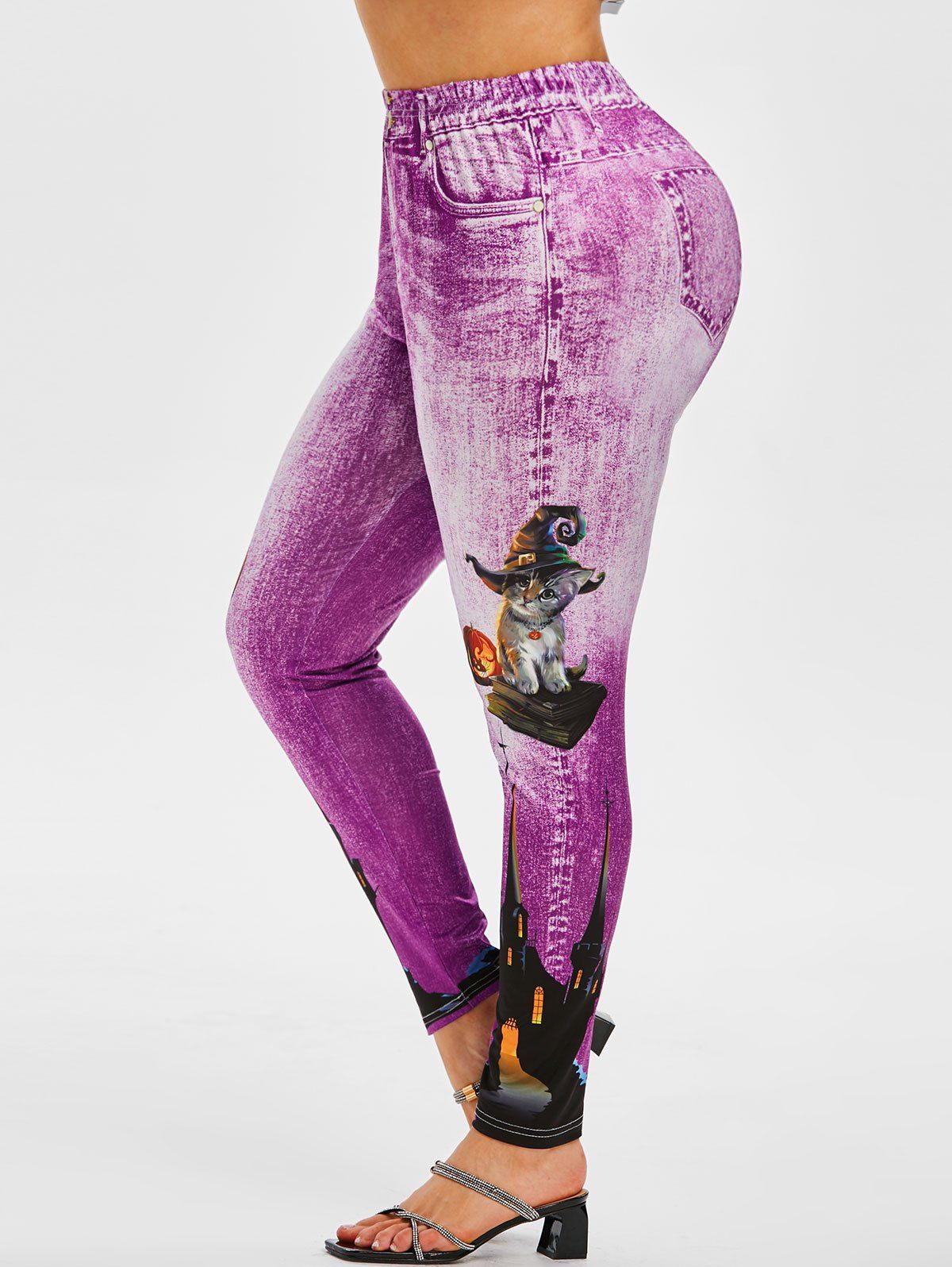 Legging d'Halloween Chat Citrouille Imprimés Grande Taille - Violet clair 4X