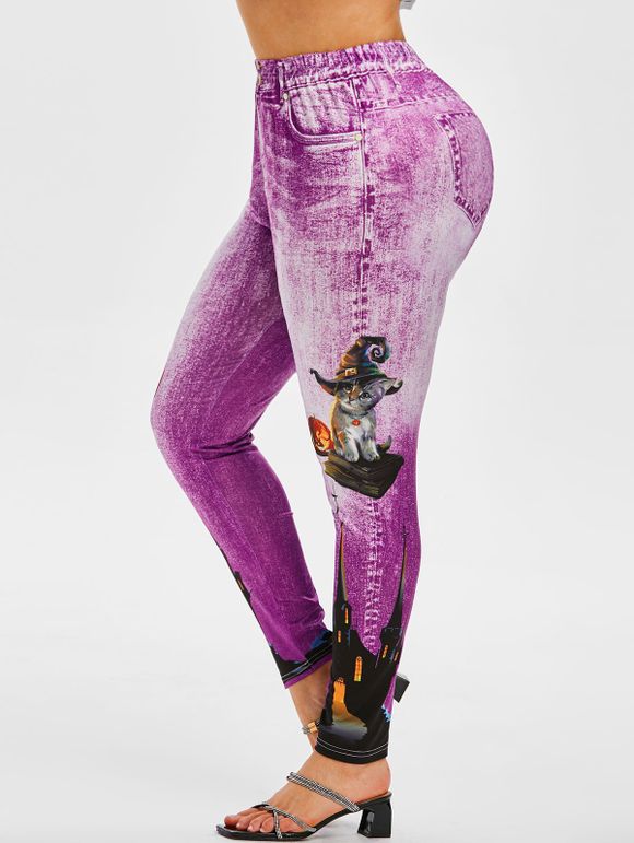 Legging d'Halloween Chat Citrouille Imprimés Grande Taille - Violet clair 1X