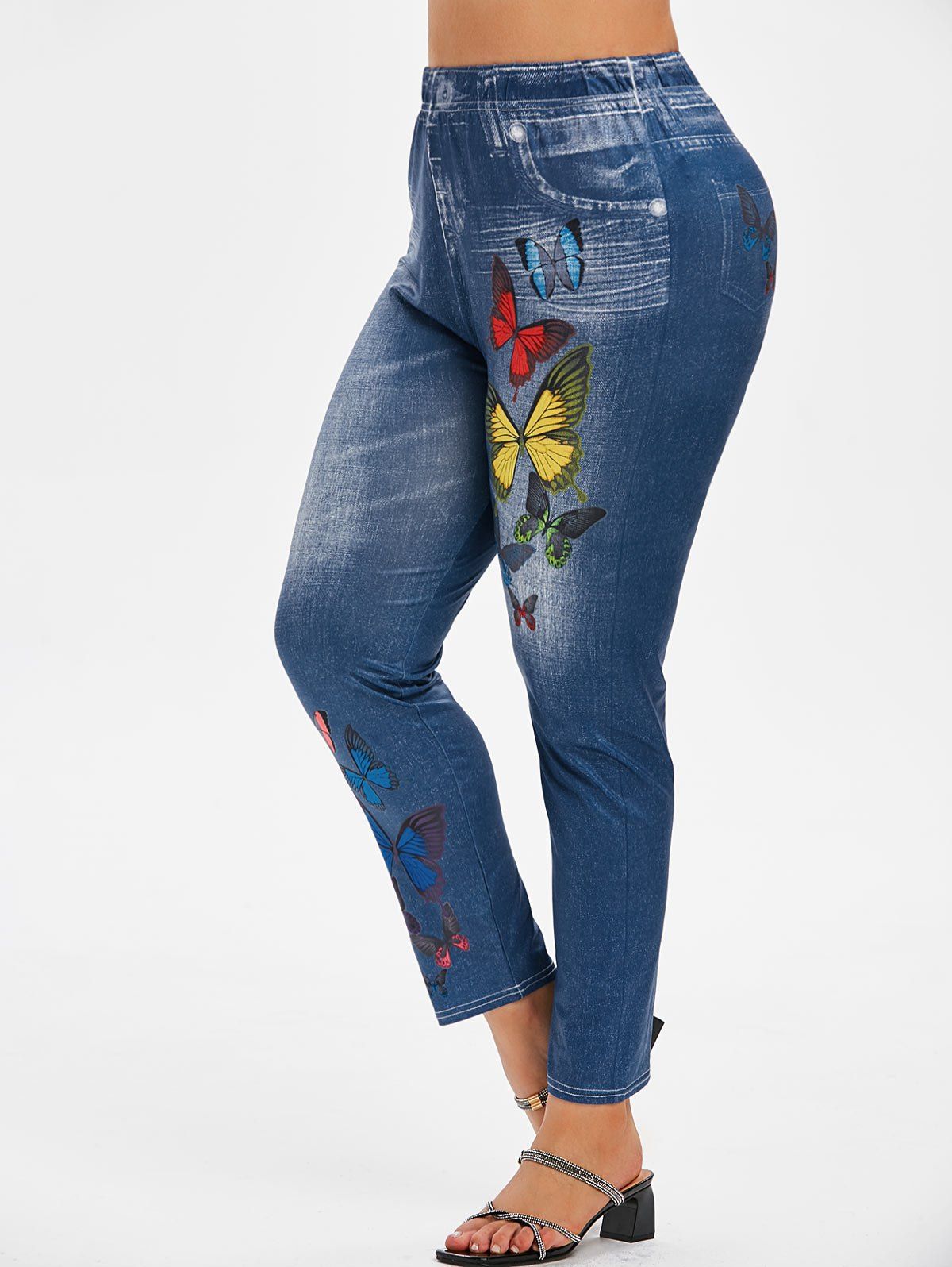Plus Size Colorful Butterfly 3D Pattern High Rise Jeggings - BLUE 5X