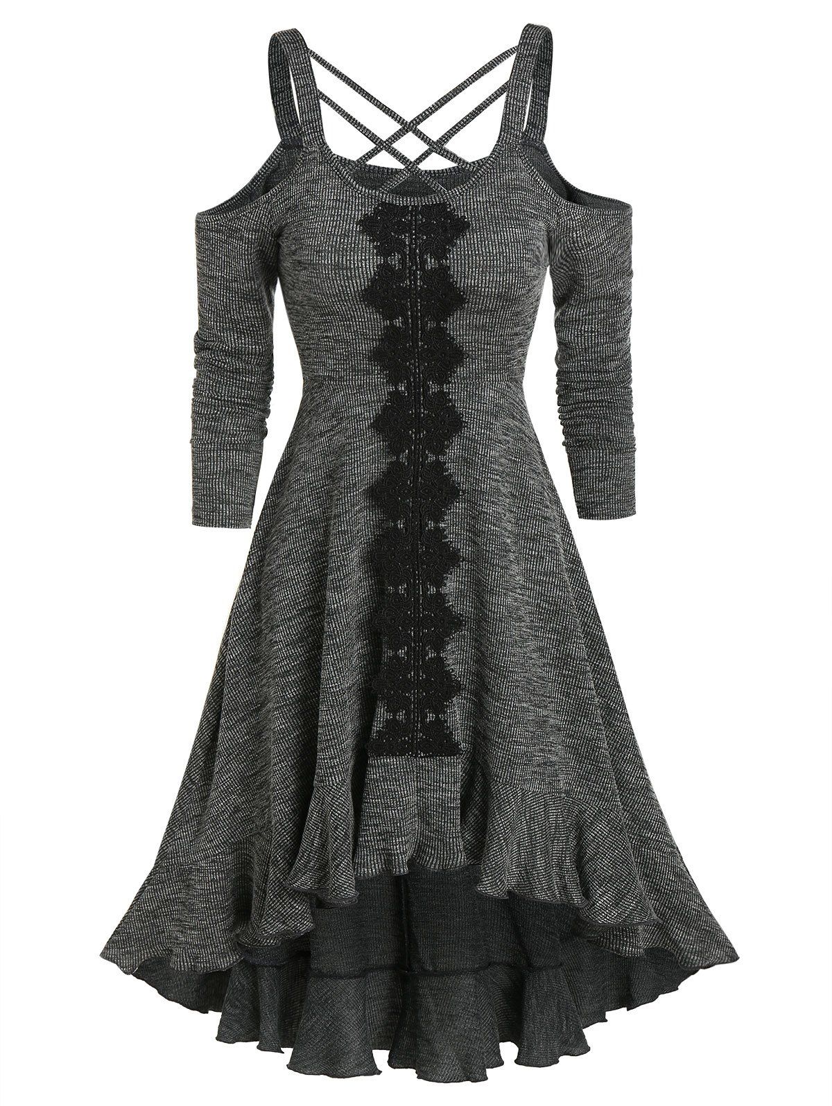 Vintage Heathered High Low Dress Cutout Lattice Crisscross Cold Shoulder Flounce Dip Hem Dress - DARK SLATE GREY M